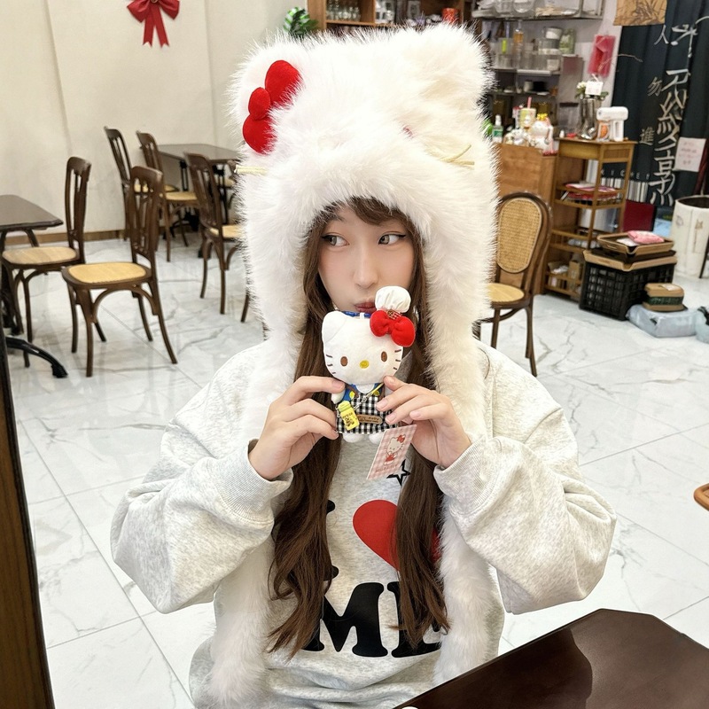 2025新款女冬季毛绒帽子韩系凯蒂猫蝴蝶结帽子可爱时尚保暖毛绒帽|undefined