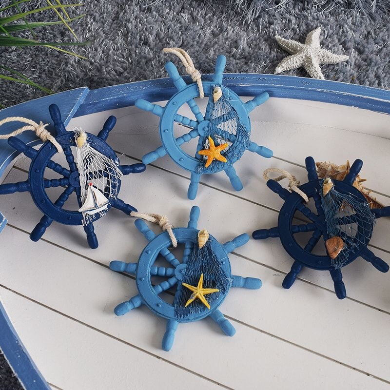 Mediterranean-style 12CM small resin ship rudder decorative steering wheel wall hanging fishing net ornament marine style wall decoration