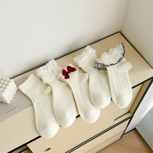 袜子女韩系JK风白色花边袜甜美洛丽塔蝴蝶结大花边中筒袜堆堆袜