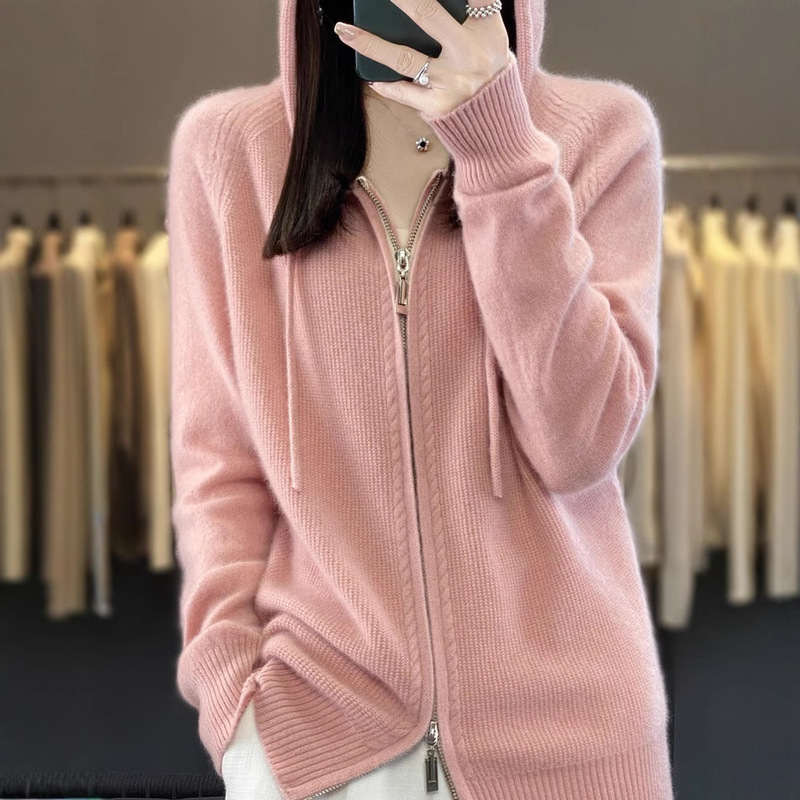 2026 Autumn and Winter New Hooded Sweater Women's Double Zipper Jacket Solid Color Top Slim Fit Korean Style Knitted Sweater Jacket