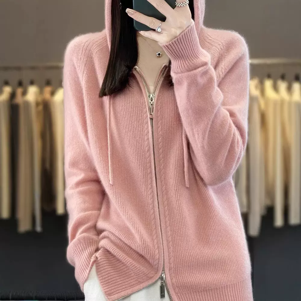 2025秋冬季新款连帽毛衣女双拉链外套纯色上衣修身韩版针织衫外套