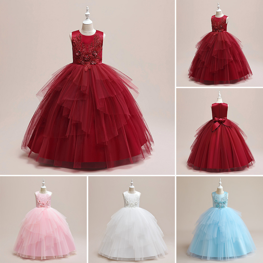 Vestido de princesa para niñas transfronterizas, vestido esponjoso de malla bordada, anfitrión de pasarela, vestido de actuación para niños del día del niño de piano