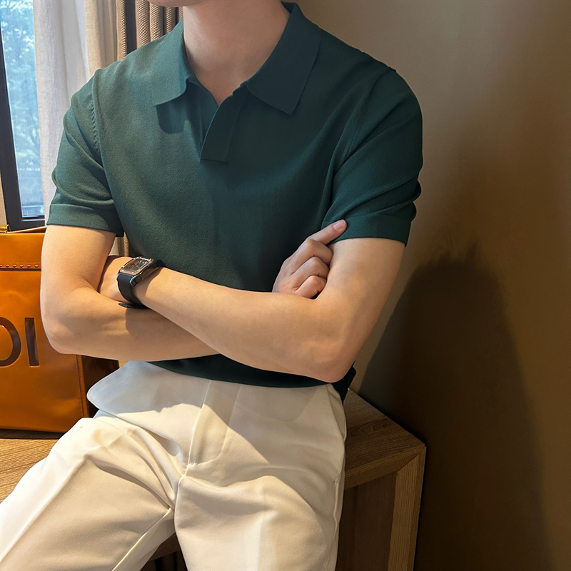 Light Mature Style Polo Shirt Men's Short-sleeved Summer Thin Ice Silk T-shirt Men's Knitted Half-sleeved Base Shirt Korean Fashionable