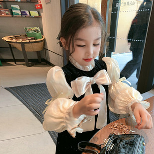 Girls Spring & Fall Long-Sleeved Classy Dress 2025 Style Hepburn Small Fragrant Style Bow Puff Sleeve Dress Skirt