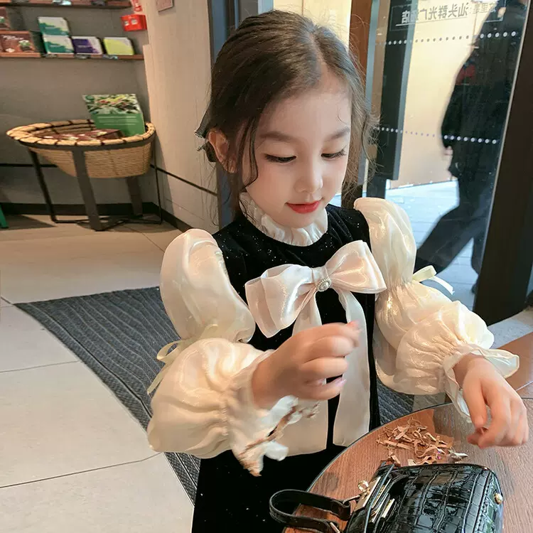 女童春秋长袖高端连衣裙2025洋气赫本小香风蝴蝶结泡泡袖礼服裙子