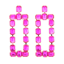 欧美版大耳钉气质女夹钻长方形吊坠耳饰拼色时尚派对舞会耳饰