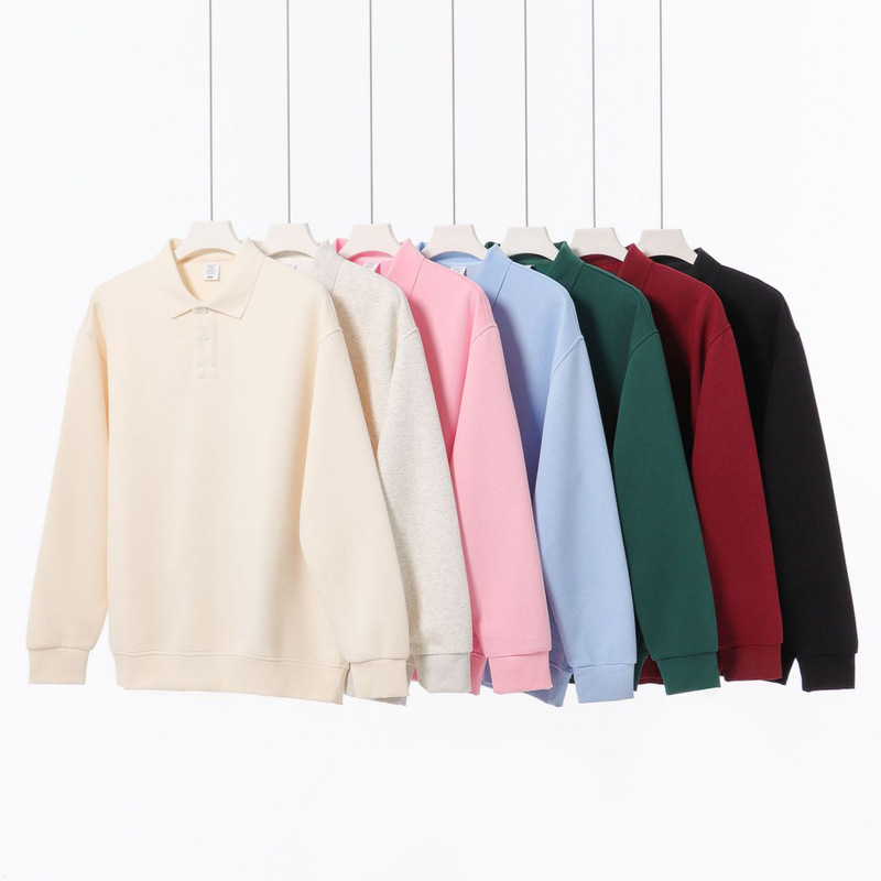 Fall/winter new 350g heavy pearl cotton polo collar sweater tide brand loose solid color lovers lapel long sleeve wholesale Fall/winter new 350g heavy pearl cotton polo collar sweater tide brand loose solid color lovers lapel long sleeve wholesale