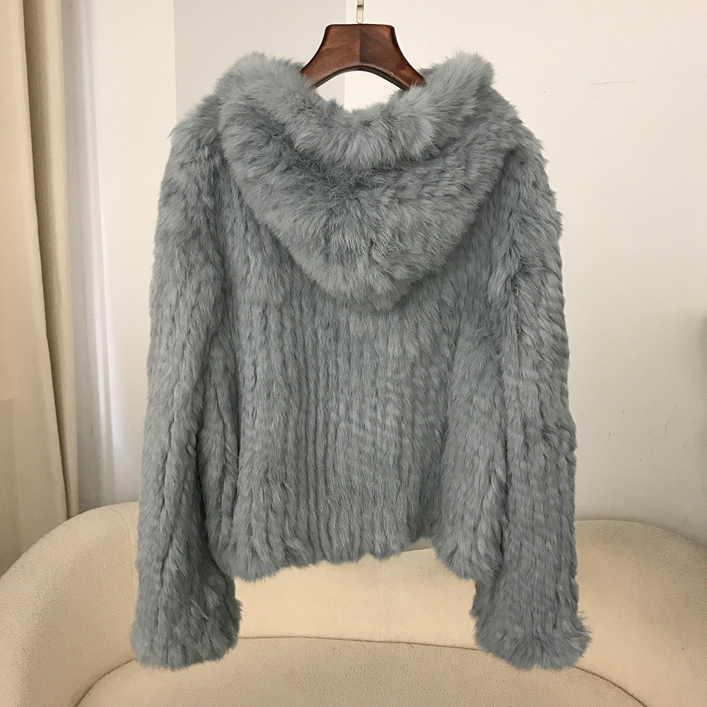 Abbigliamento da donna Nuovo autunno e inverno Criptato ispessito fatto a mano a doppia faccia tessuto con cappuccio corto in pelliccia di coniglio per le donne stile giovane_voghion.com