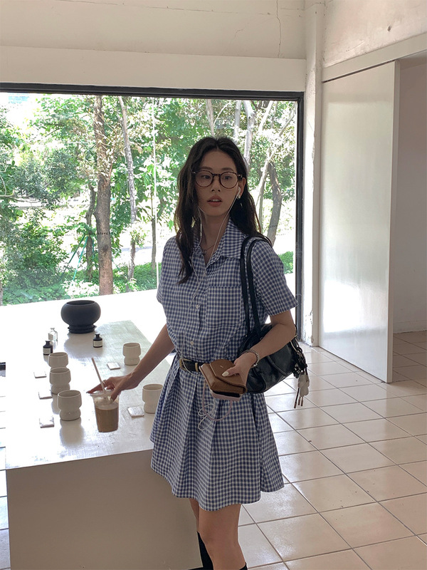 黄正韓国版夏の新しいカレッジスタイル青と白のチェック柄シャツドレスウエスト痩身プリーツスカート 520640|undefined