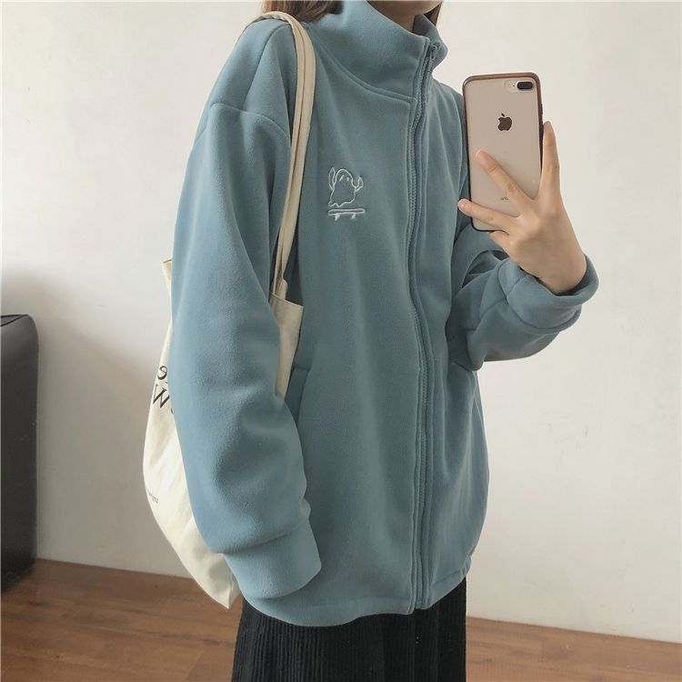 多色可选可爱刺绣高领拉链卫衣开衫女外套保暖绒摇粒绒加厚长袖|undefined