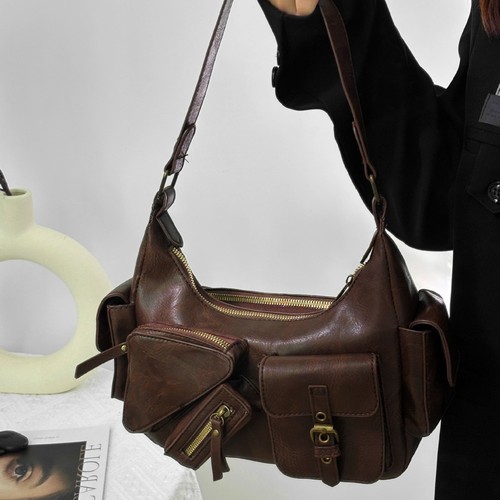 Large Capacity Shoulder Bag for Women, Korean Version, Ins Style, Trendy, Multi-Pocket, Retro tote motorbike bag