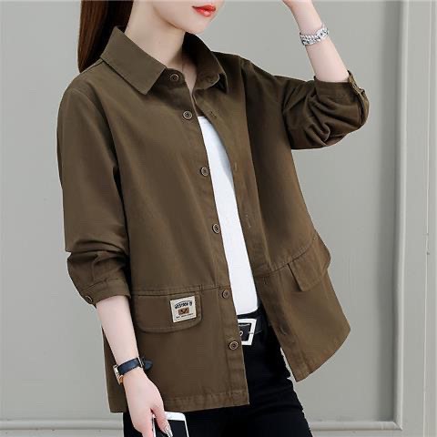 Solid Color Large Size Jacket Long-Sleeved Women's Spring and Autumn New Loose Lapel Work Shirt Thin Spring and Autumn Top Jacket