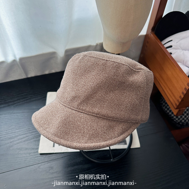 简约纯色平顶帽子女秋冬休闲百搭复古马术帽宽檐遮阳帽毛呢鸭舌帽|undefined