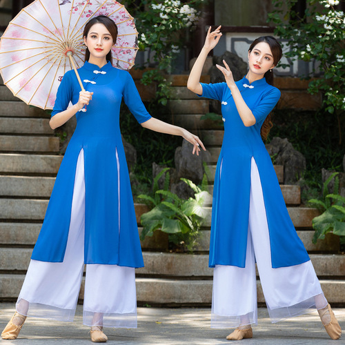 Square dance clothing new suit Chinese classical ethnic dance fan practice clothing women's mesh dress elegant cheongsam
