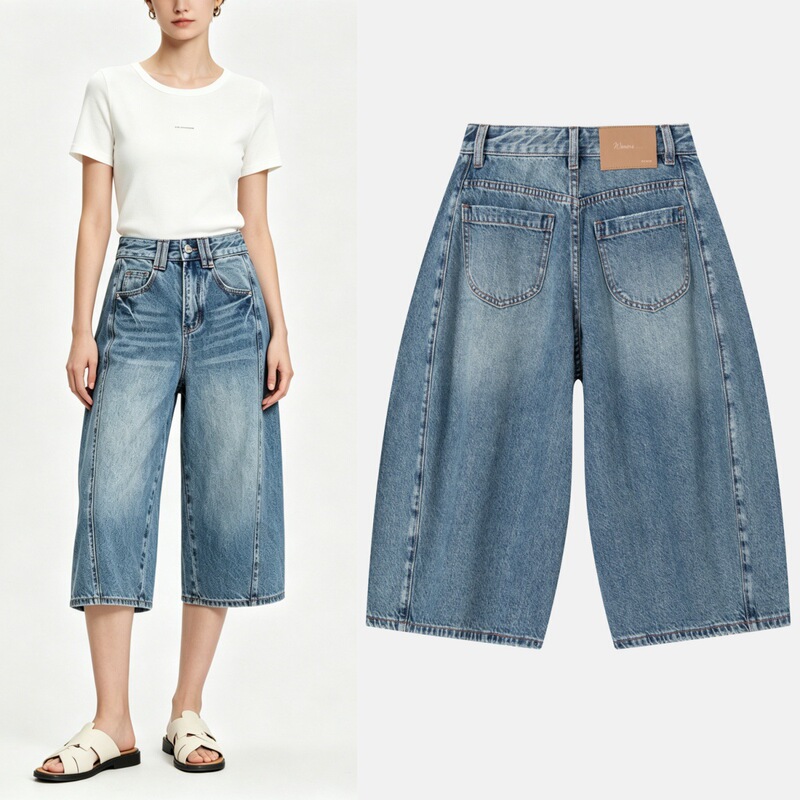 American High Street Style Blue Deconstructed Patchwork Balloon Pants 2026 Summer High-Waisted Slimming Tencel Non-Stretch Cropped Jeans for Women