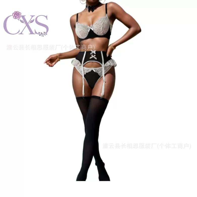 跨境欧美性感内衣女士聚拢文胸蕾丝套装女仆装带钢圈情趣