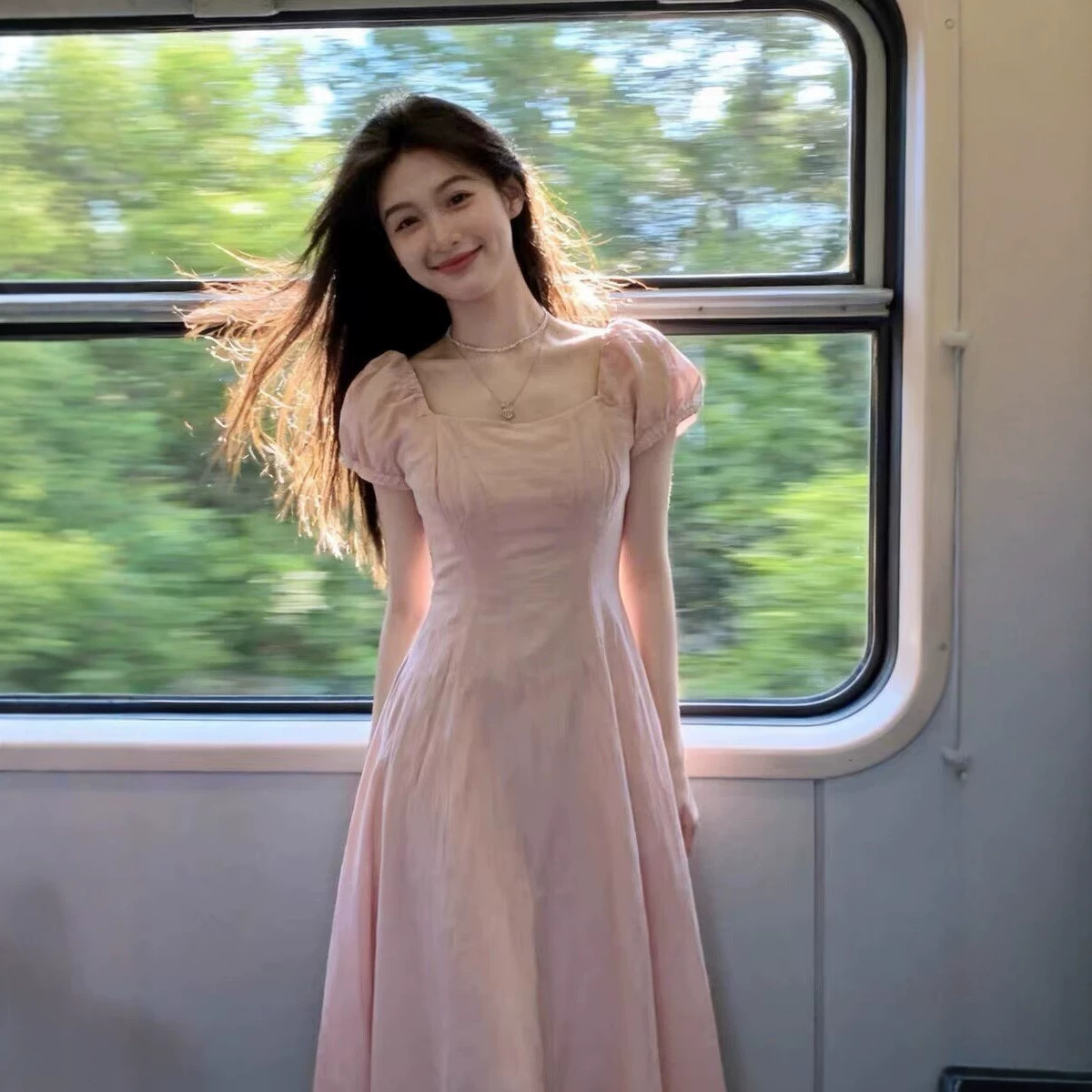 Váy cổ vuông tay bồng thắt eo dáng suông midi kiểu Pháp — màu hồng chi tiết 2