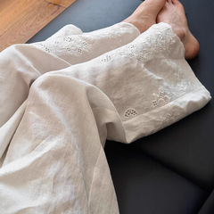 高級感重工刺繍透かし彫り綿麻ゆるいワイドパンツ女性2025春夏新民族国風長ズボン