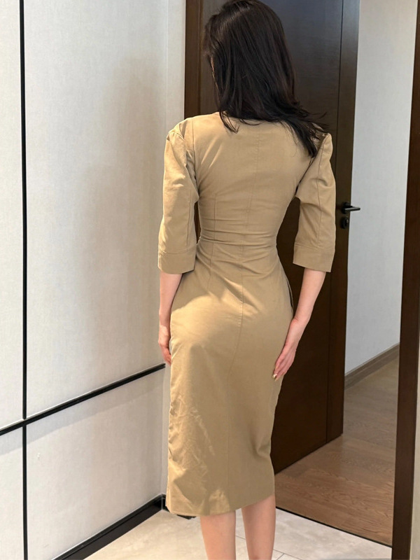 槿一 法式复古宽肩收腰显瘦五分袖女士连衣裙小众气质高级设计感|undefined