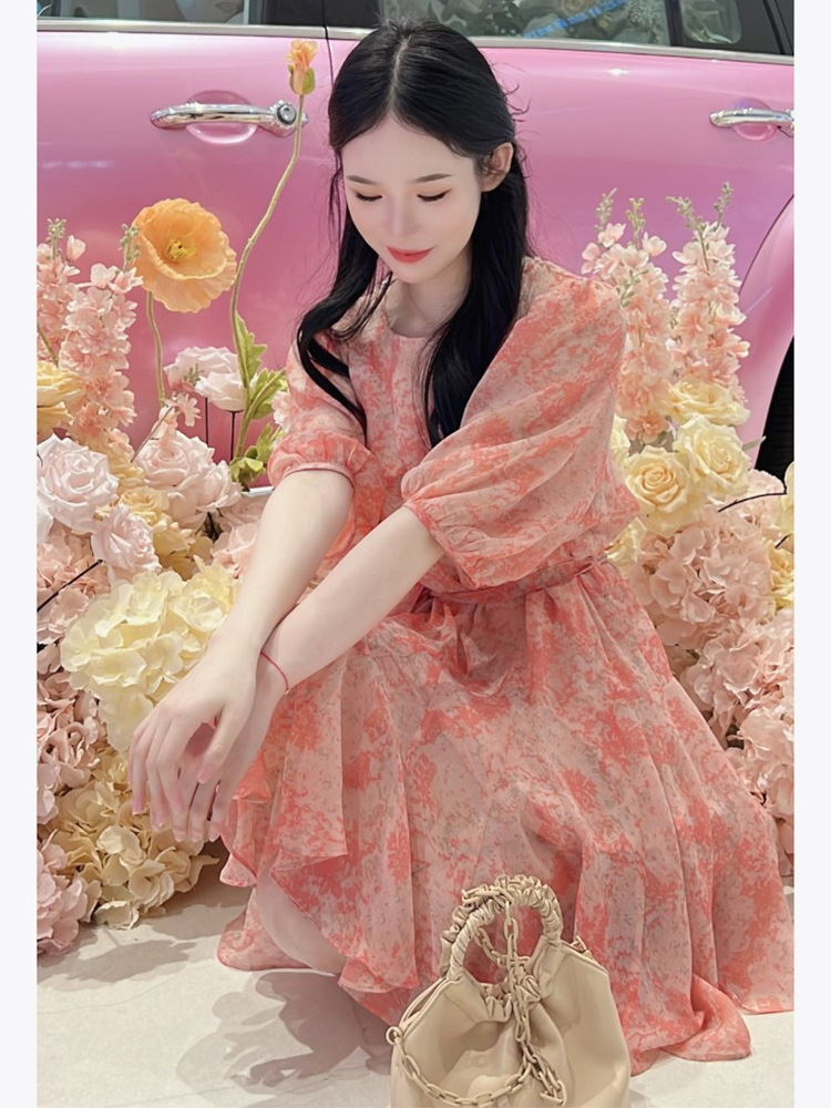 Váy hoa maxi nữ chất liệu chiffon tay ngắn thắt eo — Màu hồng chi tiết 2