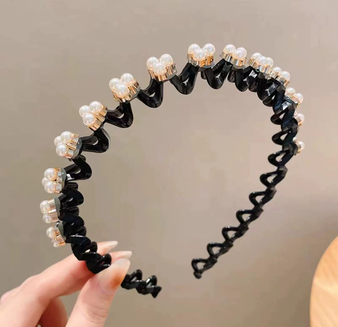 Повязка на голову/Стреп Hairgrip — жемчужная и цветочная волнистая заколка для волос, зажим для чёлки, assorted colors, 12 см