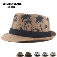 男士爵士礼帽棕榈印花椰树图案卷边草帽夏季度假情侣沙滩帽遮阳帽
