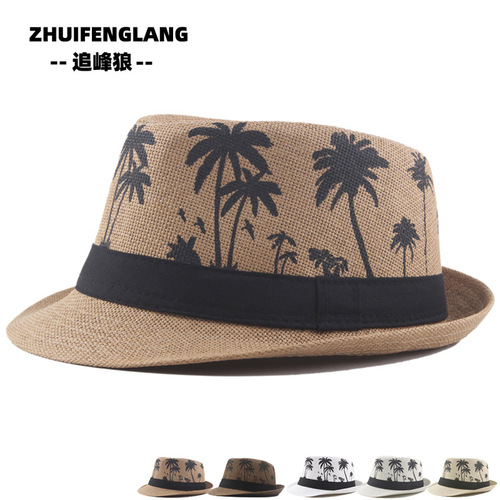 Men's Jazz Hat Palm Print Coconut Tree Pattern Roller Brim Straw Hat Summer Vacation Couple Beach Hat Sun Hat
