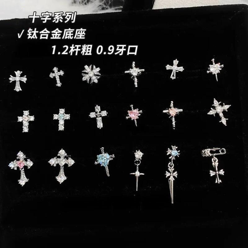 F136 Titanium Alloy Earrings with Internal Screw Thread 0.9, Cross Series Ear Studs, Copper Inlaid with Zircon, Titanium Steel Ear Jewelry