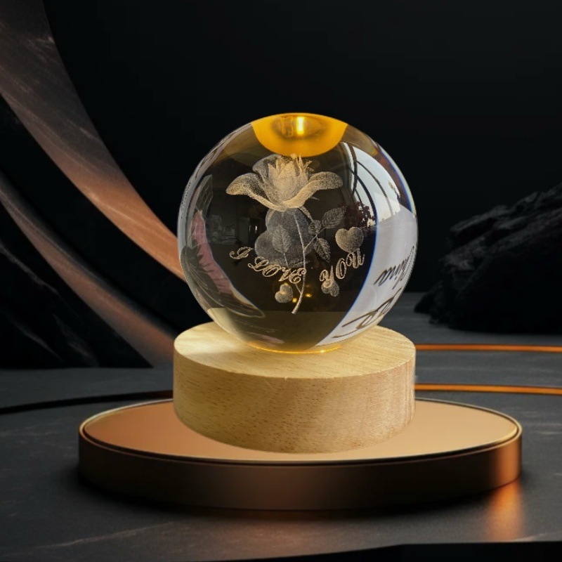 Lámpara de Noche de Cristal con Diseño de Cielo Estrellado 3D, Regalo Navideño, Base Redonda de Madera Luminosa, Lámpara de Mesa, Adorno, Regalo de Navidad