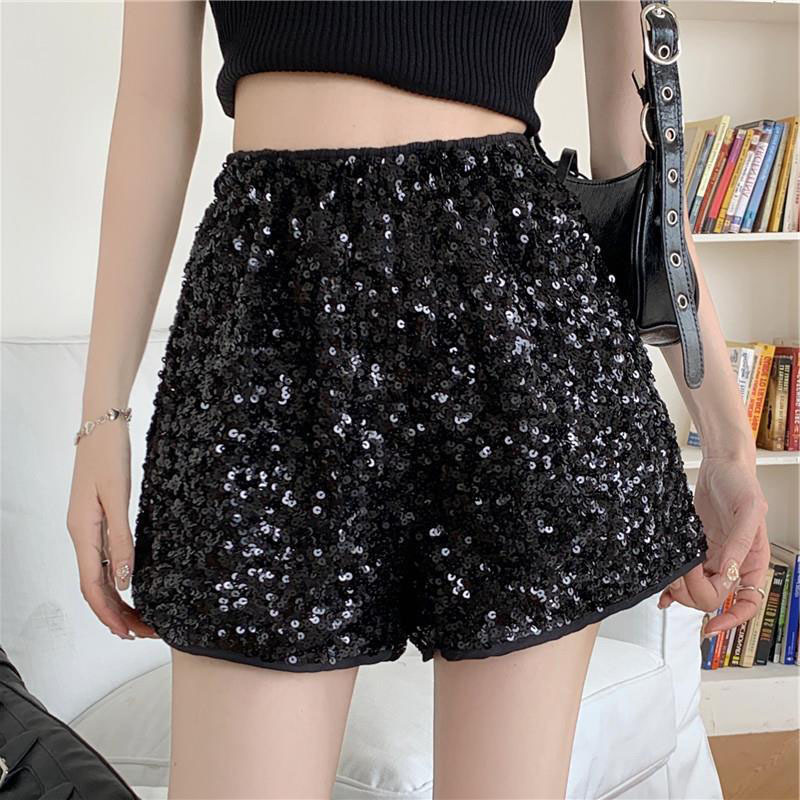 Autumn and Winter new European and American high waist casual shorts loose hot pants women's high waist sequined sequined foreign trade European and American shorts women