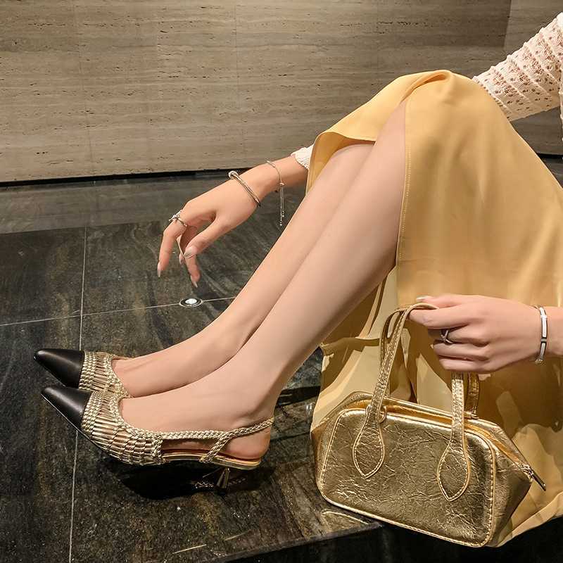Elegant Kitten Heel Breathable Woven Cut Out 2024 Thin Medium Heel Pointed Toe Color Matching Toe Back Hollow Sandals for Women 42 Large Size