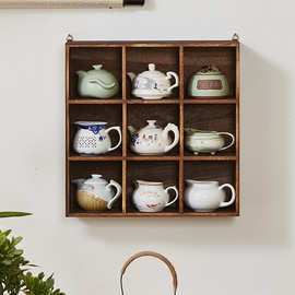 S`S`实木多宝格挂壁式中式茶杯架现代简约收纳茶具架子泡桐博古架