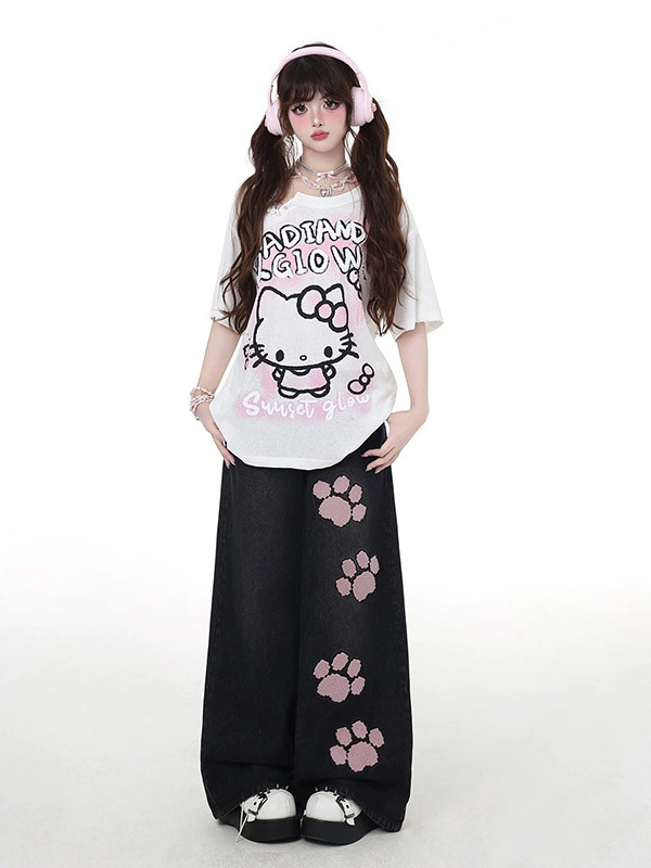 甘くてクールな猫の足跡刺繍黒ワイドレッグジーンズ女性の夏の新しいハイウエストルーズストレートフロアモップパンツ|undefined