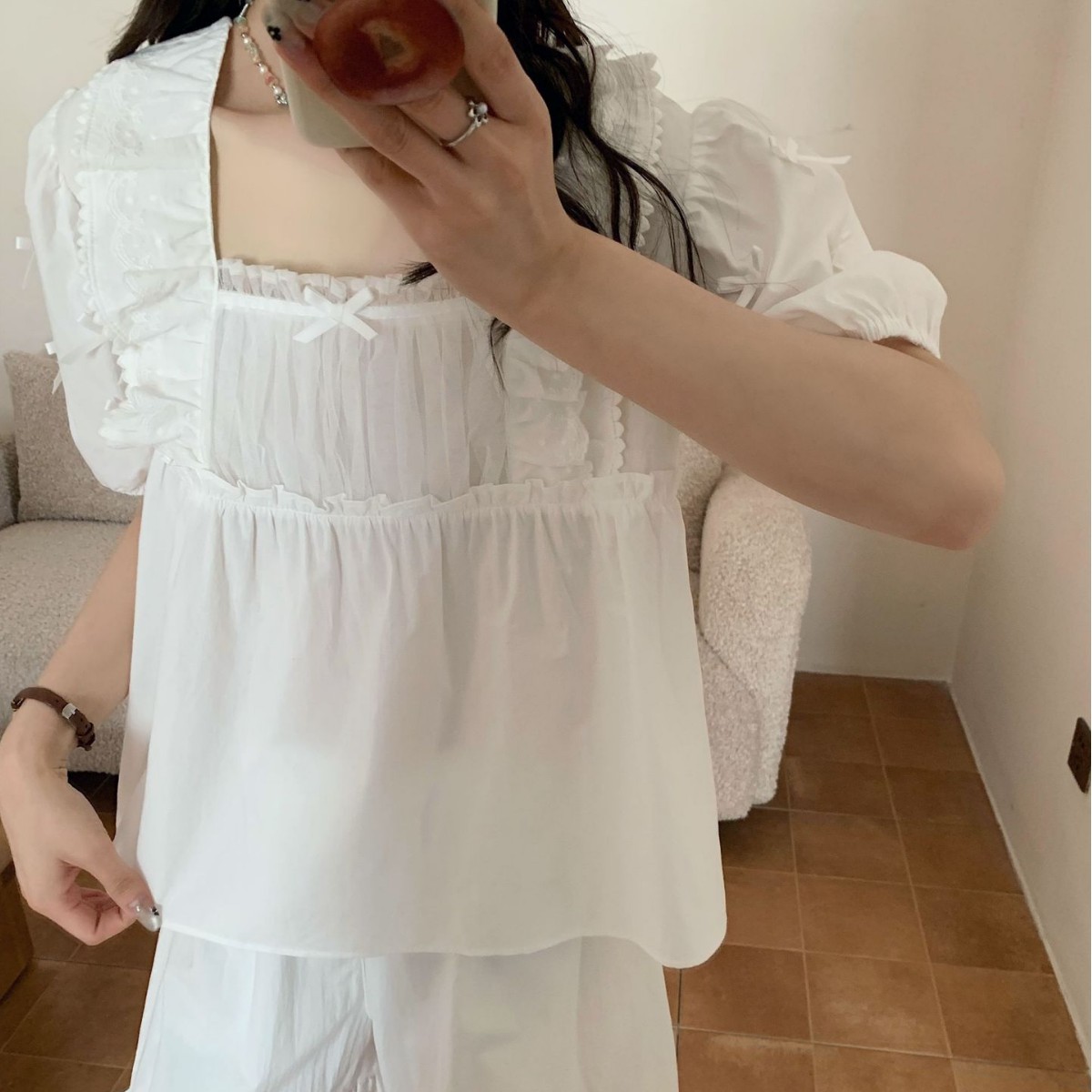 韩系夏季甜美蕾丝花边方领可爱俏皮短款少女公主风家居睡衣
