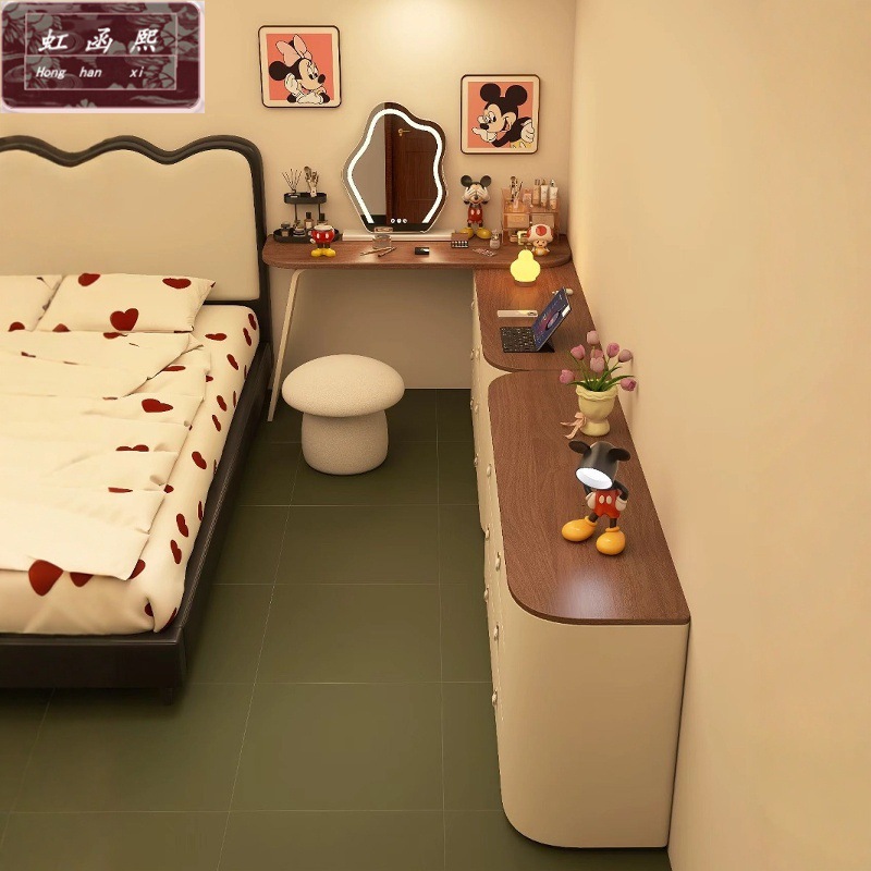 Dressing Table, Desk, and Chest of Drawers Integrated into One Solid Wood Simple Bedroom Storage Cabinet Combination, Multifunctional Bedside Cabinet, Dressing Table