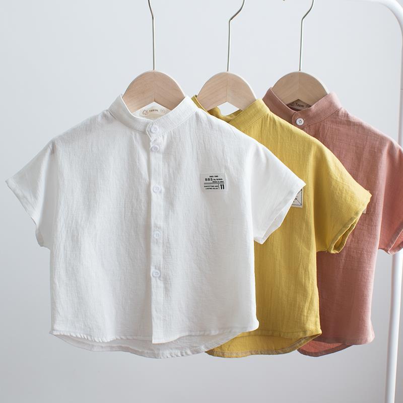 男童衬衫短袖夏装新款韩版儿童半袖上衣棉麻宝宝立领衬衣宽松薄款