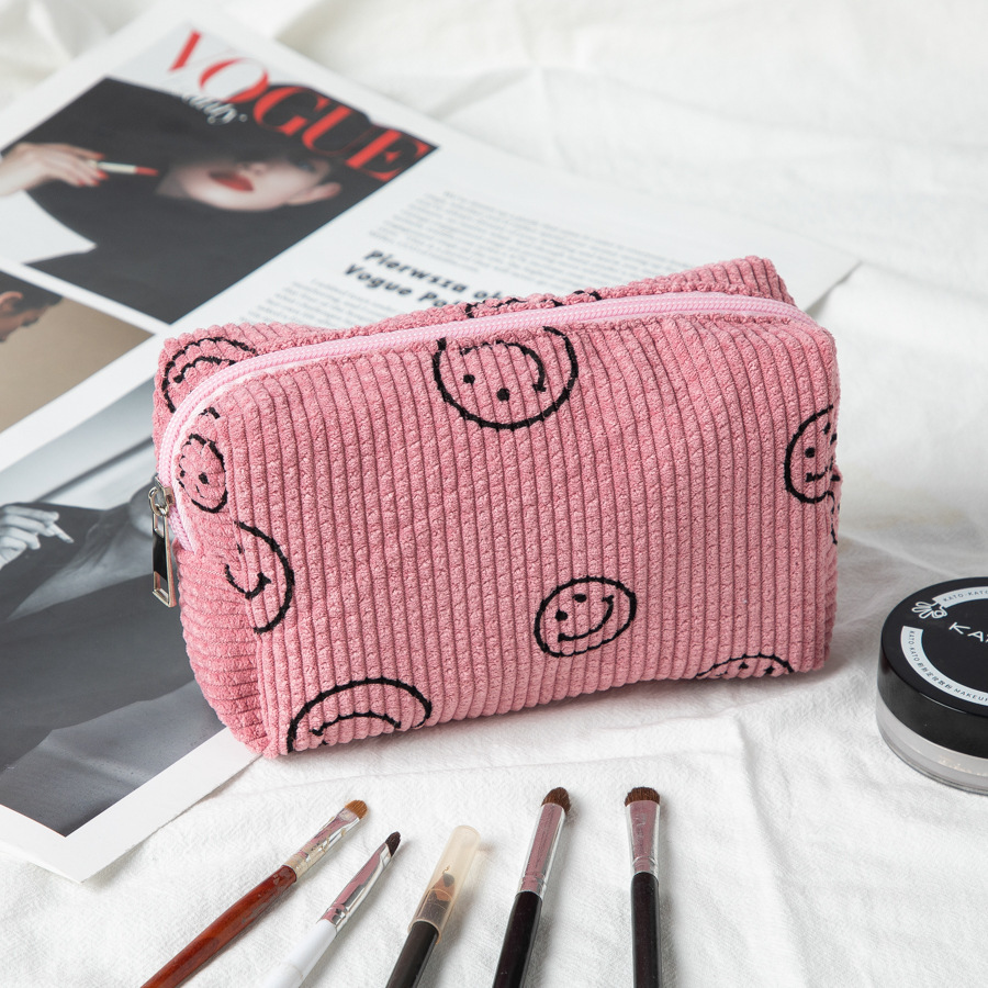스퀘어 화장품 가방 스마일리 코듀로이 핑크