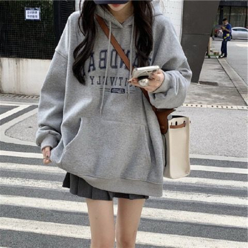 그레이 아메리칸 스타일 후드 가을과 겨울 기모 외부 스웨터 여성 학생 올 매치 오버 사이즈 루즈 뉴 코트 여성