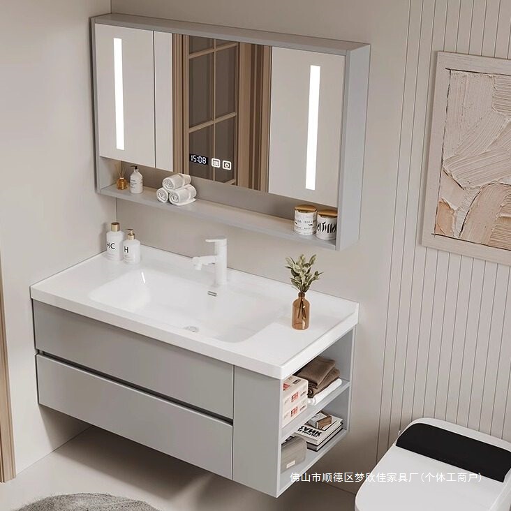 Smart Bathroom Cabinet Combination with Toilet Side Unit, Ceramic Integrated Washbasin Sink for Small Apartments
