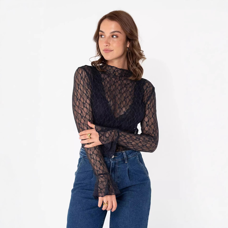 Cross-Border European and American Foreign Trade Women's Clothing, Mesh Long-Sleeved Bottoming Shirt, Feminine Thin Stretchy Lace Slim-Fitting Top