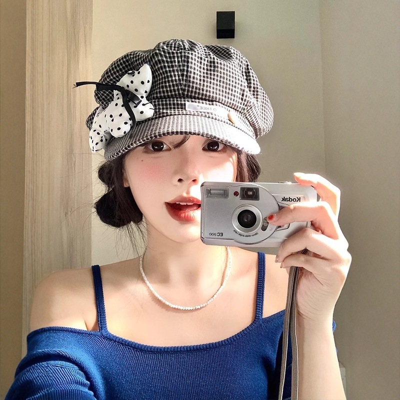 可爱波点小狗格纹贝雷帽女春夏季薄款显脸小八角帽大头围画家帽子|undefined