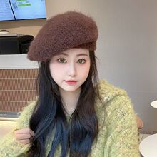 很好带的贝雷帽慵懒风兔毛毛线画家帽大头围圆脸秋冬帽子女显脸小