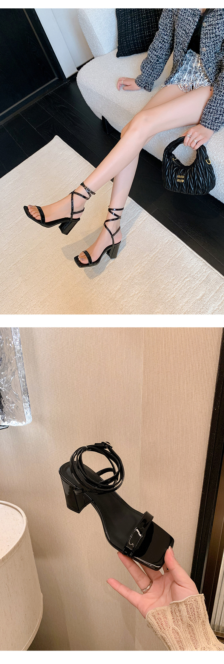 Sandal cao gót nữ hở mũi quai chân phong cách tiên nữ gót thô — Màu đen chi tiết 20