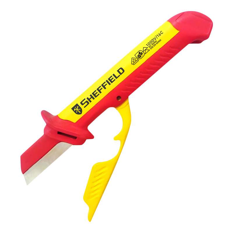 Escudo de acero de grado industrial Cuchillo de electricista con aislamiento de alta dureza Cuchillo de pelado de alambre y cable especial para electricista Cuchillo de pelado de hoja curva recta