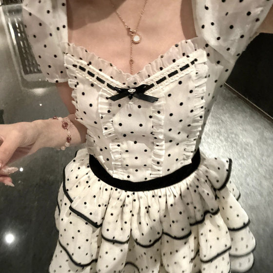 [Chiffon fabric original practice] square collar bubble sleeve wave dot dress little princess cake puffy