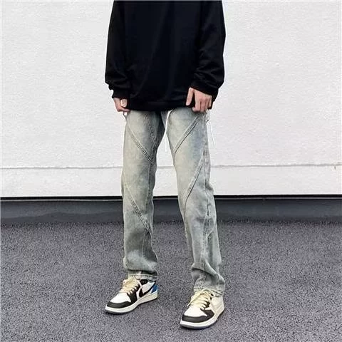 Одетые прямые джинсы мужские в американском стиле High Street Выбеленные модные брендовые свободные брюки для похудения Vibe в стиле ретро