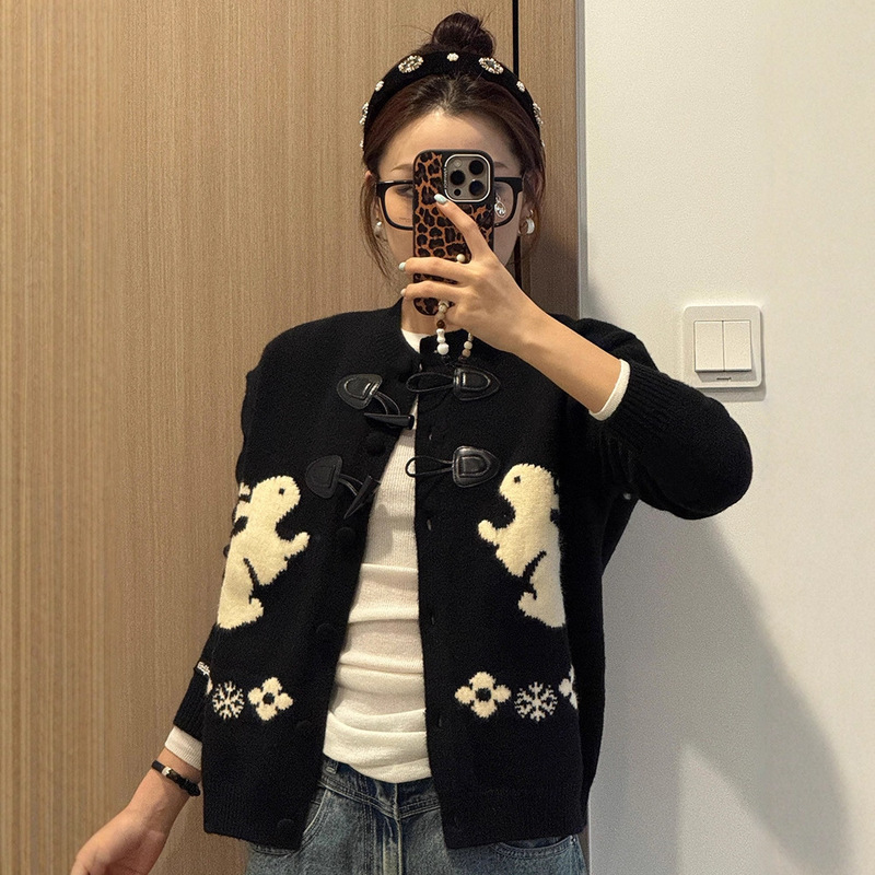 American Sweet and Cute Rabbit Round Neck Sweater for Women Spring & Fall New Lazy Style Loose Horn Button Cardigan Top Winter