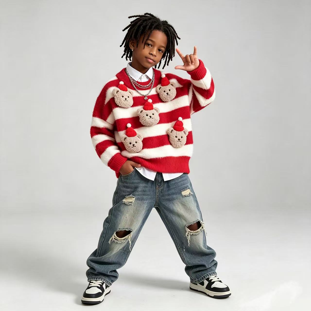Children's 2026 Autumn/Winter New Style Knitted Pullover Sweater, Korean Style, Boys and Girls Round Neck Bear Knitted Pullover Sweater