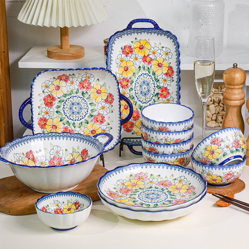 New Bohemian Style Creative Home Ceramic Retro Tableware Rice Bowl Dipping Plate Salad Plate Fish Plate Set