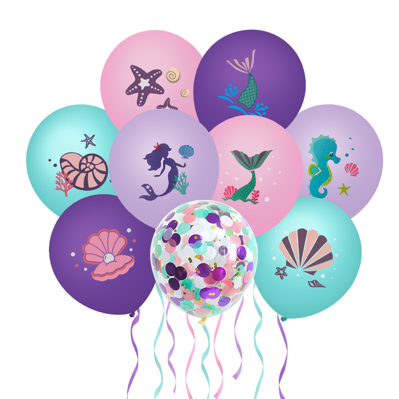 Transfronterizo nueva sirena de dibujos animados cola de pez Shell látex impreso globo viga cumpleaños atmósfera decorativa globo viga